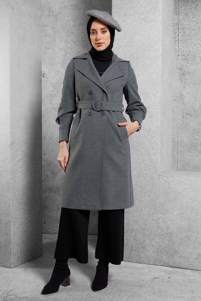 Vêtements hijab GRIS MANTEAU CEINTURÉ 90564 - ALVİNA