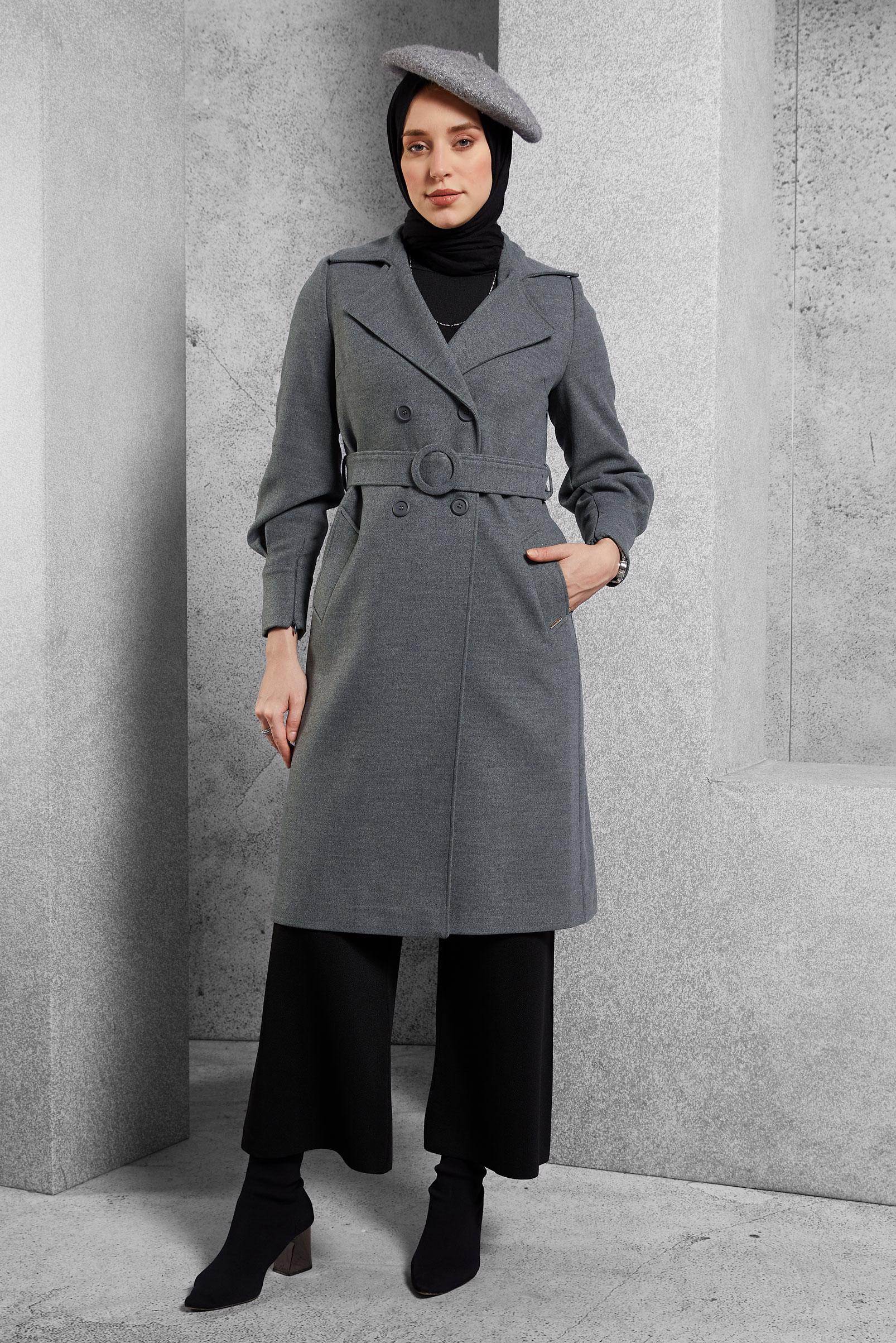 Hijab clothing GREY BELTED COAT 90564