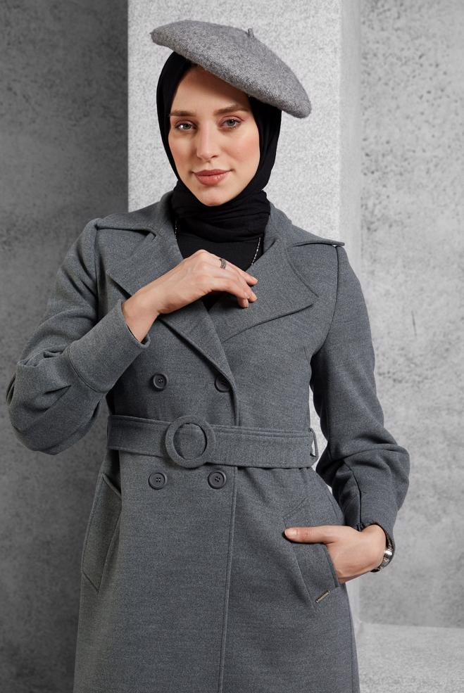 Vêtements hijab GRIS MANTEAU CEINTURÉ 90564 - ALVİNA