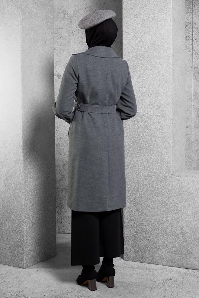 Vêtements hijab GRIS MANTEAU CEINTURÉ 90564 - ALVİNA