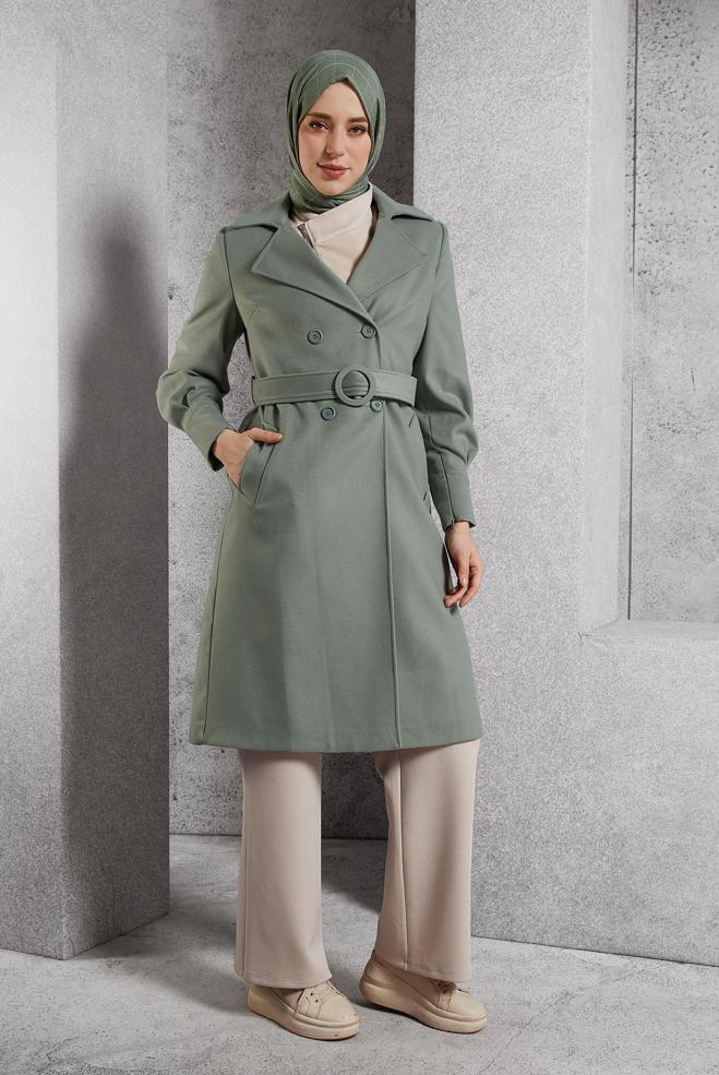 Vêtements hijab VERT MANTEAU CEINTURÉ 90564 - ALVİNA