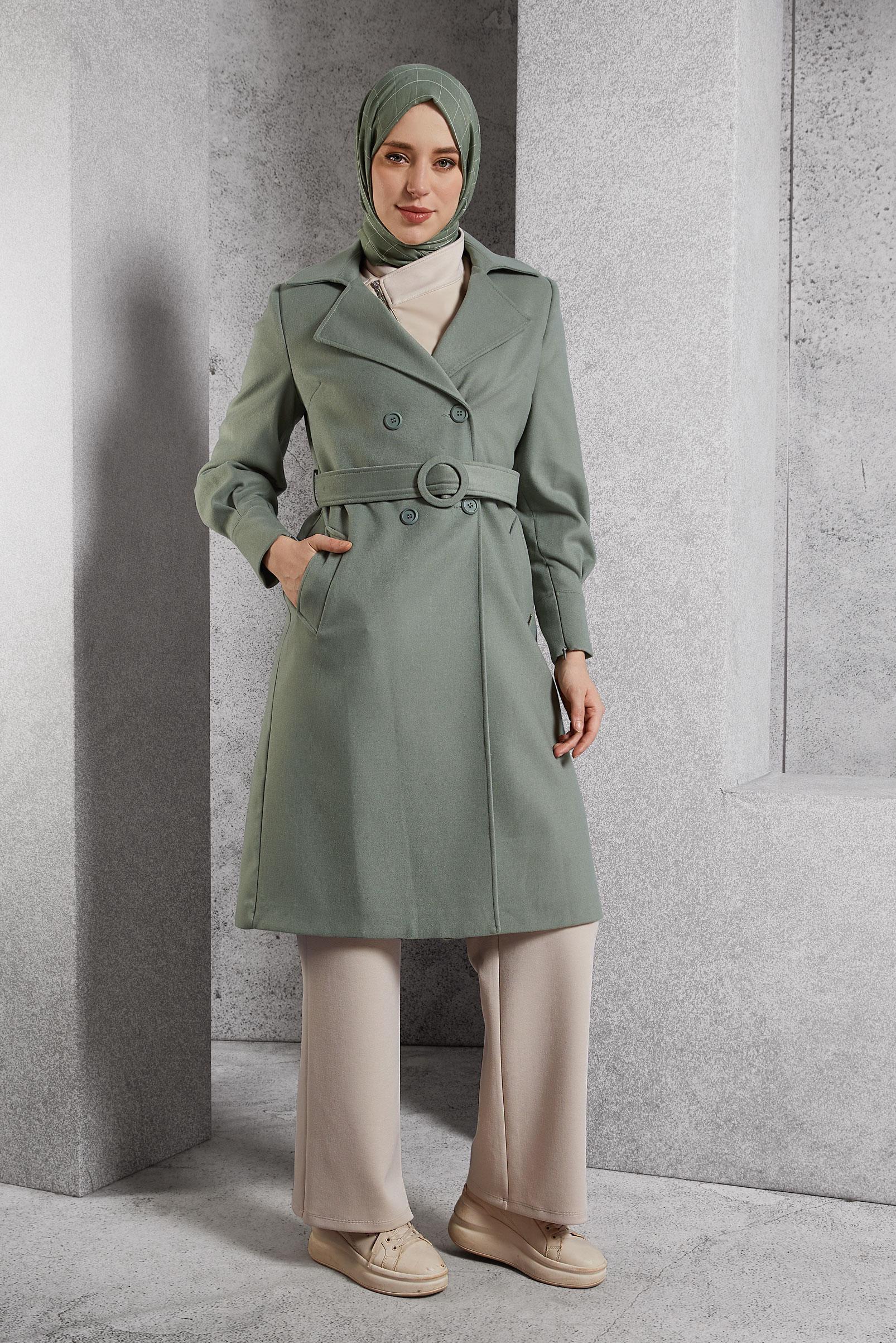 Vêtements hijab VERT MANTEAU CEINTURÉ 90564