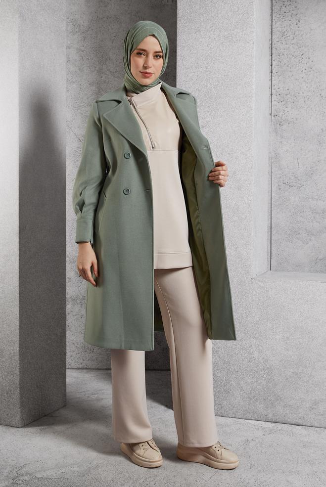 Vêtements hijab VERT MANTEAU CEINTURÉ 90564 - ALVİNA