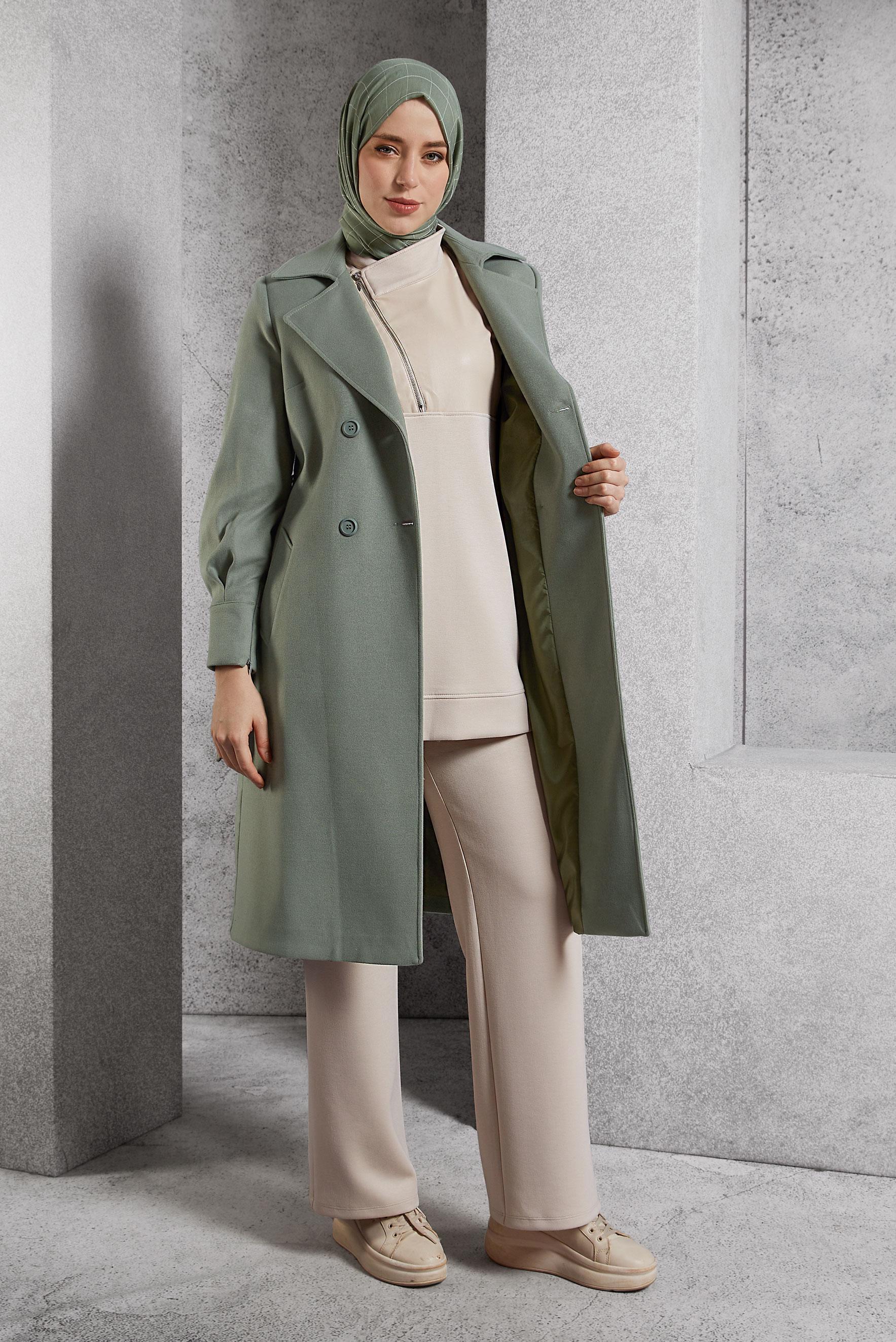 Vêtements hijab VERT MANTEAU CEINTURÉ 90564