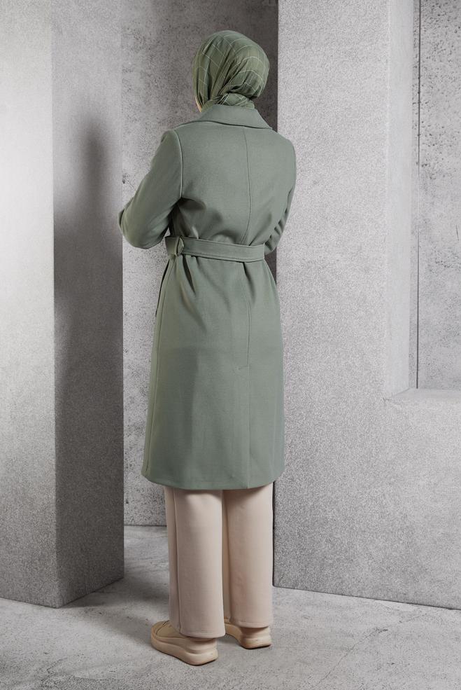 Vêtements hijab VERT MANTEAU CEINTURÉ 90564 - ALVİNA