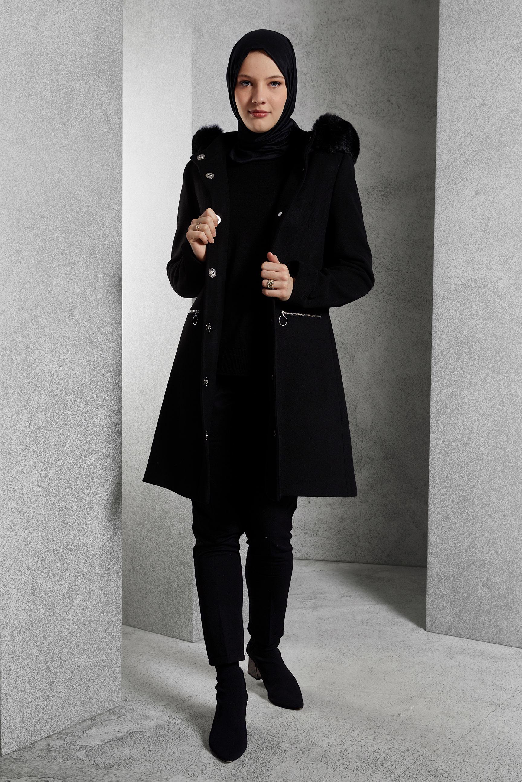 Hijab clothing BLACK HOODED COAT 90570