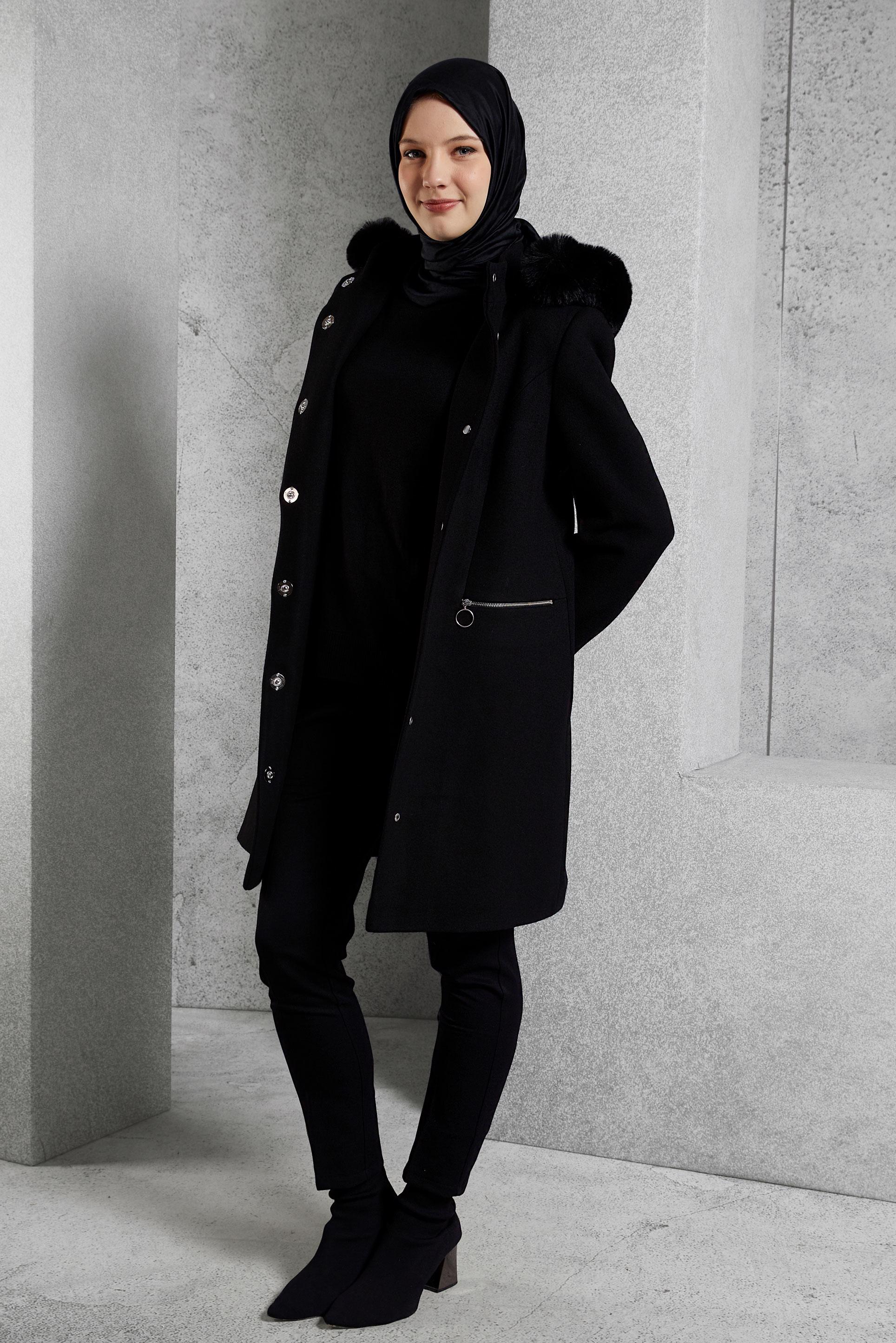 Hijab clothing BLACK HOODED COAT 90570