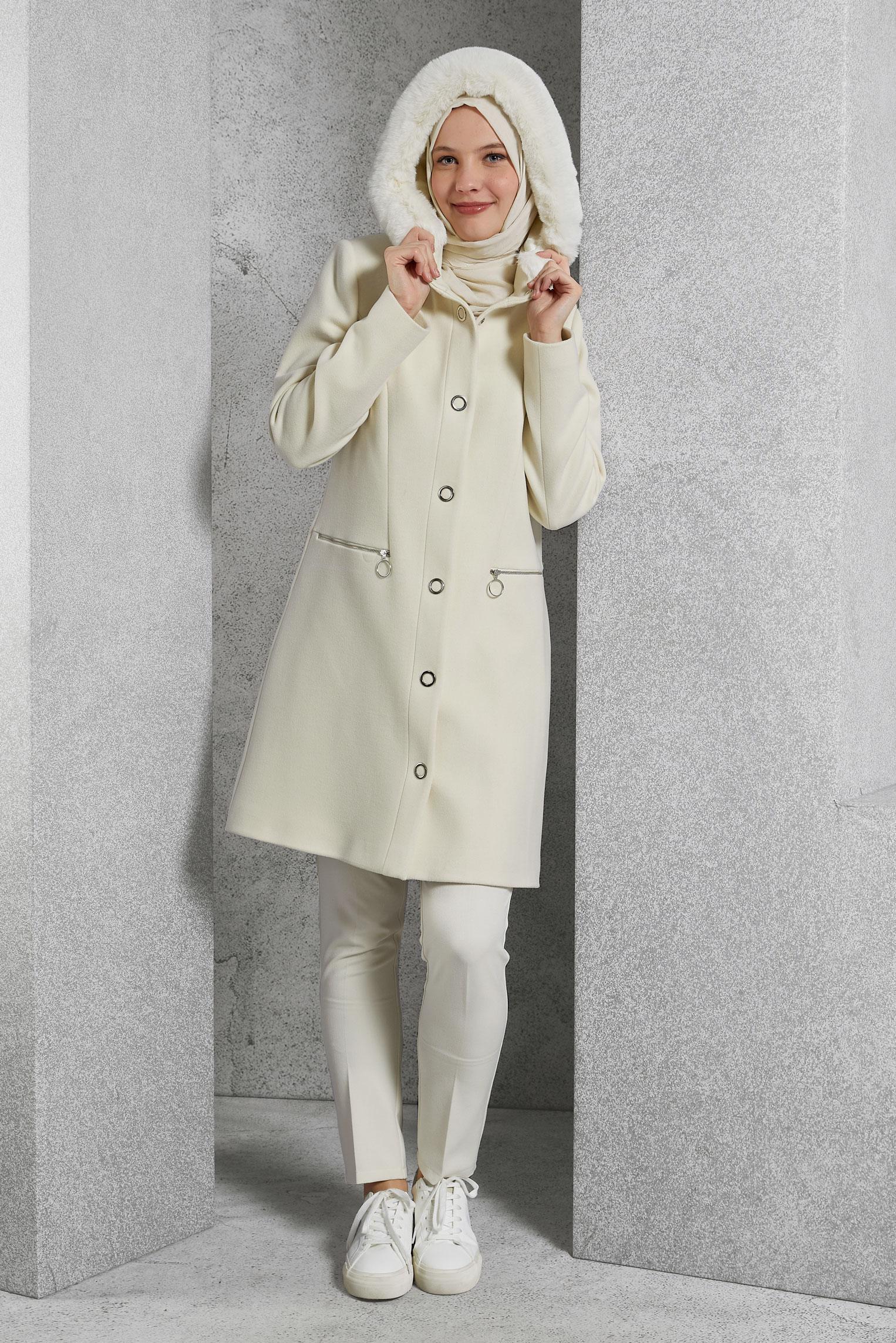 Hijab clothing ECRU HOODED COAT 90570