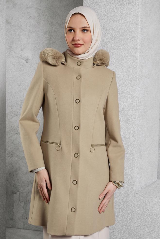 Hijab clothing BEIGE HOODED COAT 90570 - ALVİNA