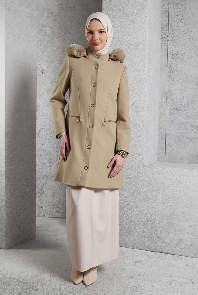 Hijab clothing BEIGE HOODED COAT 90570 - ALVİNA