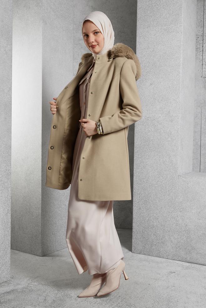 Hijab clothing BEIGE HOODED COAT 90570 - ALVİNA