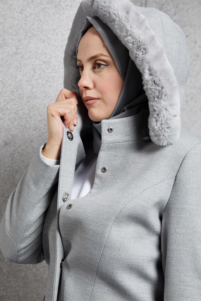 Hijab clothing GREY HOODED COAT 90570 - ALVİNA