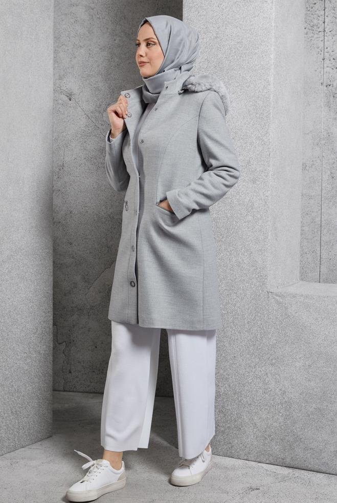 Hijab clothing GREY HOODED COAT 90570 - ALVİNA