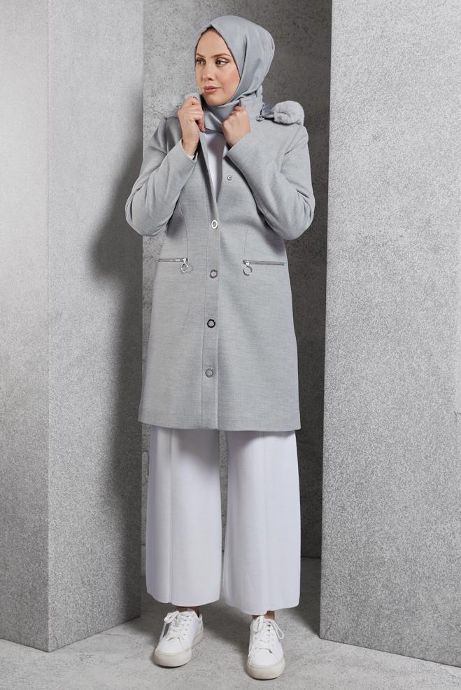 Hijab clothing GREY HOODED COAT 90570 - ALVİNA
