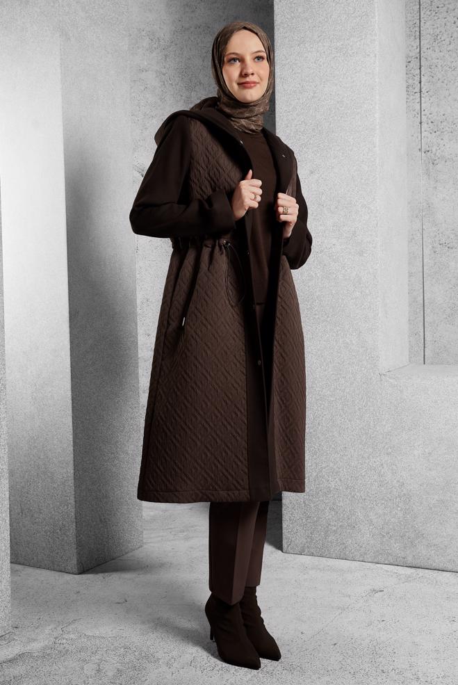 Vêtements hijab BRUN MANTEAU À CAPUCHE 90572 - ALVİNA