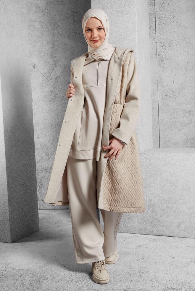 Vêtements hijab BEIGE MANTEAU À CAPUCHE 90572 - ALVİNA