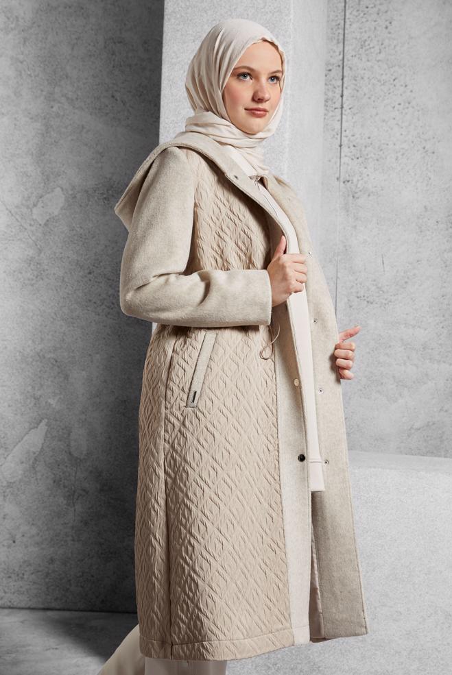 Vêtements hijab BEIGE MANTEAU À CAPUCHE 90572 - ALVİNA