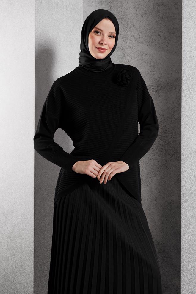 Vêtements hijab NOIR PULL EN MAILLE COUPE ASYMÉTRIQUE 44912 - ALVİNA