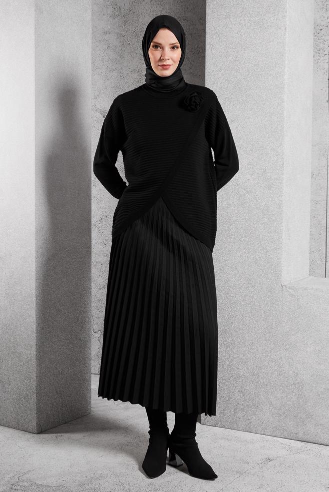 Vêtements hijab NOIR PULL EN MAILLE COUPE ASYMÉTRIQUE 44912 - ALVİNA