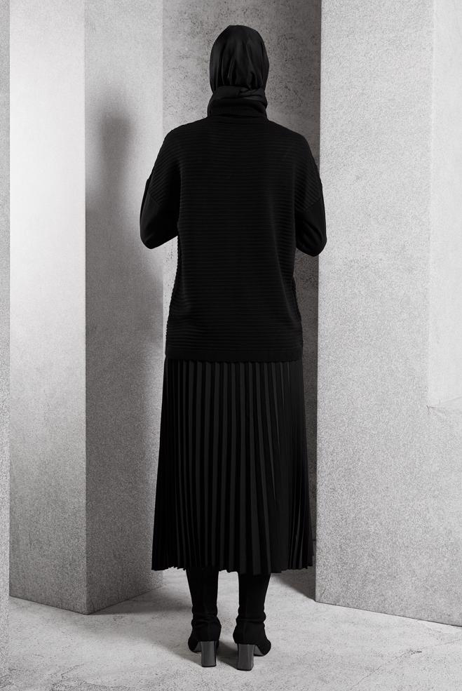 Vêtements hijab NOIR PULL EN MAILLE COUPE ASYMÉTRIQUE 44912 - ALVİNA
