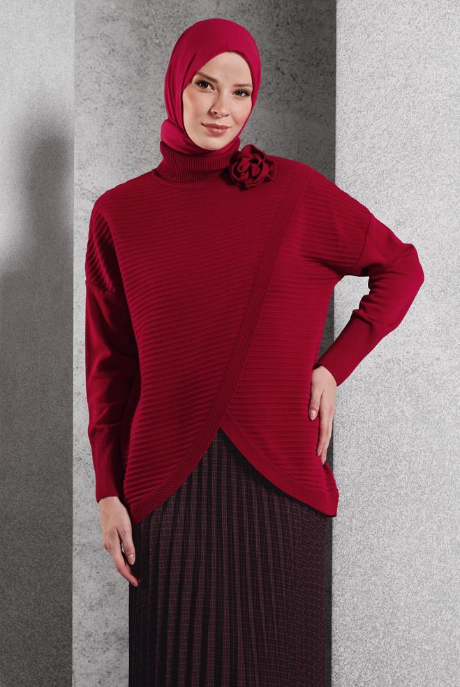 Vêtements hijab ROUGE PULL EN MAILLE COUPE ASYMÉTRIQUE 44912 - ALVİNA