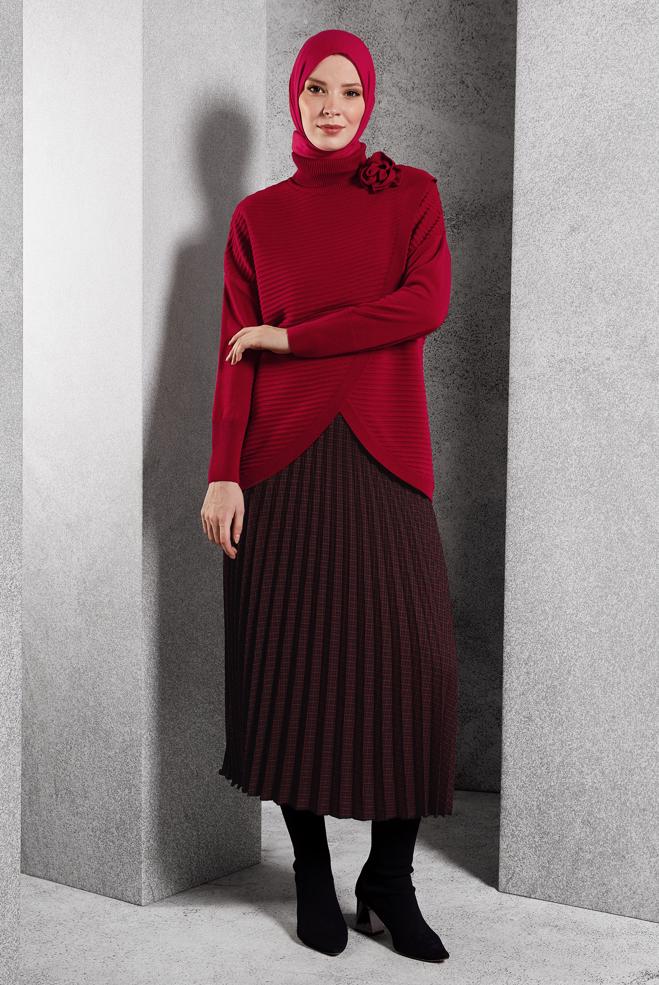Vêtements hijab ROUGE PULL EN MAILLE COUPE ASYMÉTRIQUE 44912 - ALVİNA