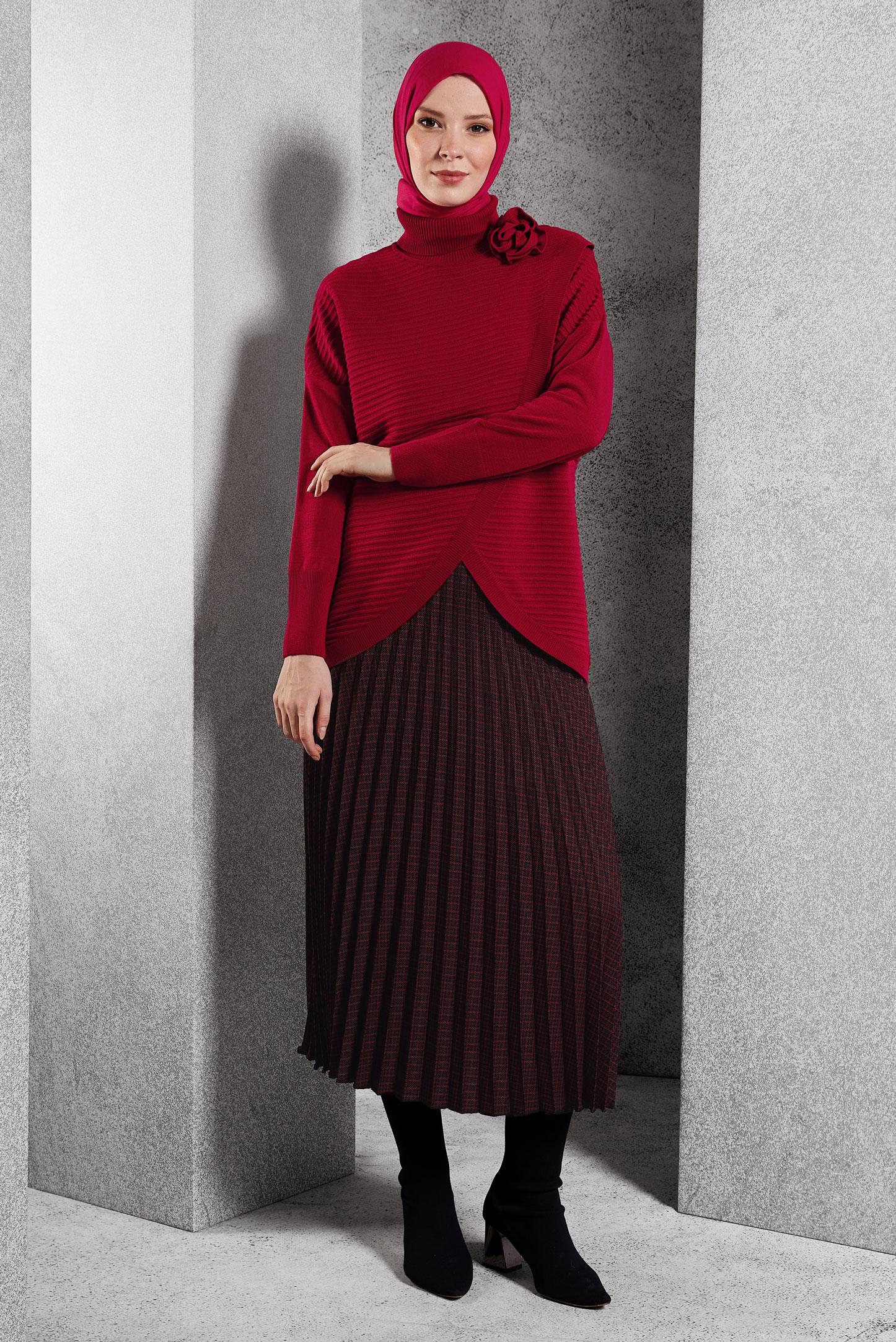 Vêtements hijab ROUGE PULL EN MAILLE COUPE ASYMÉTRIQUE 44912