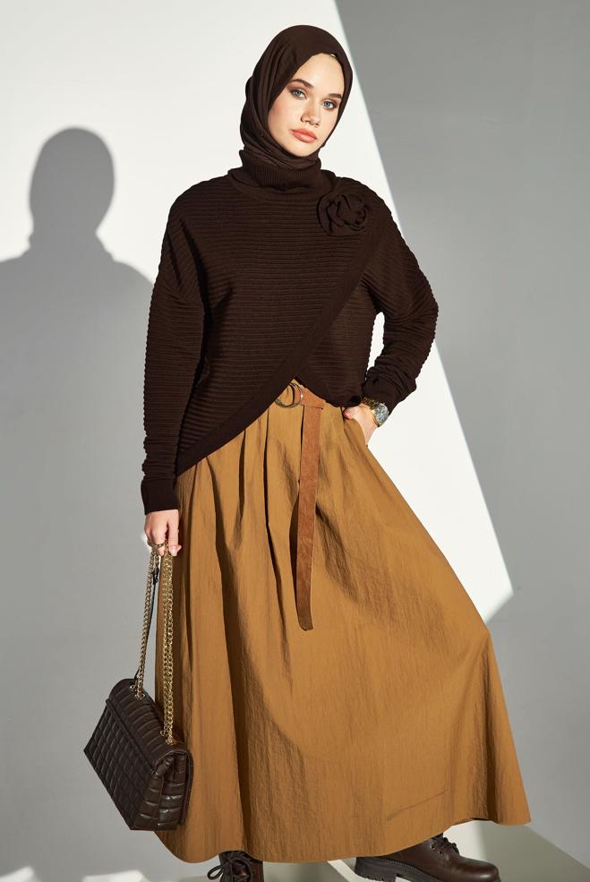 Vêtements hijab BRUN PULL EN MAILLE COUPE ASYMÉTRIQUE 44912 - ALVİNA