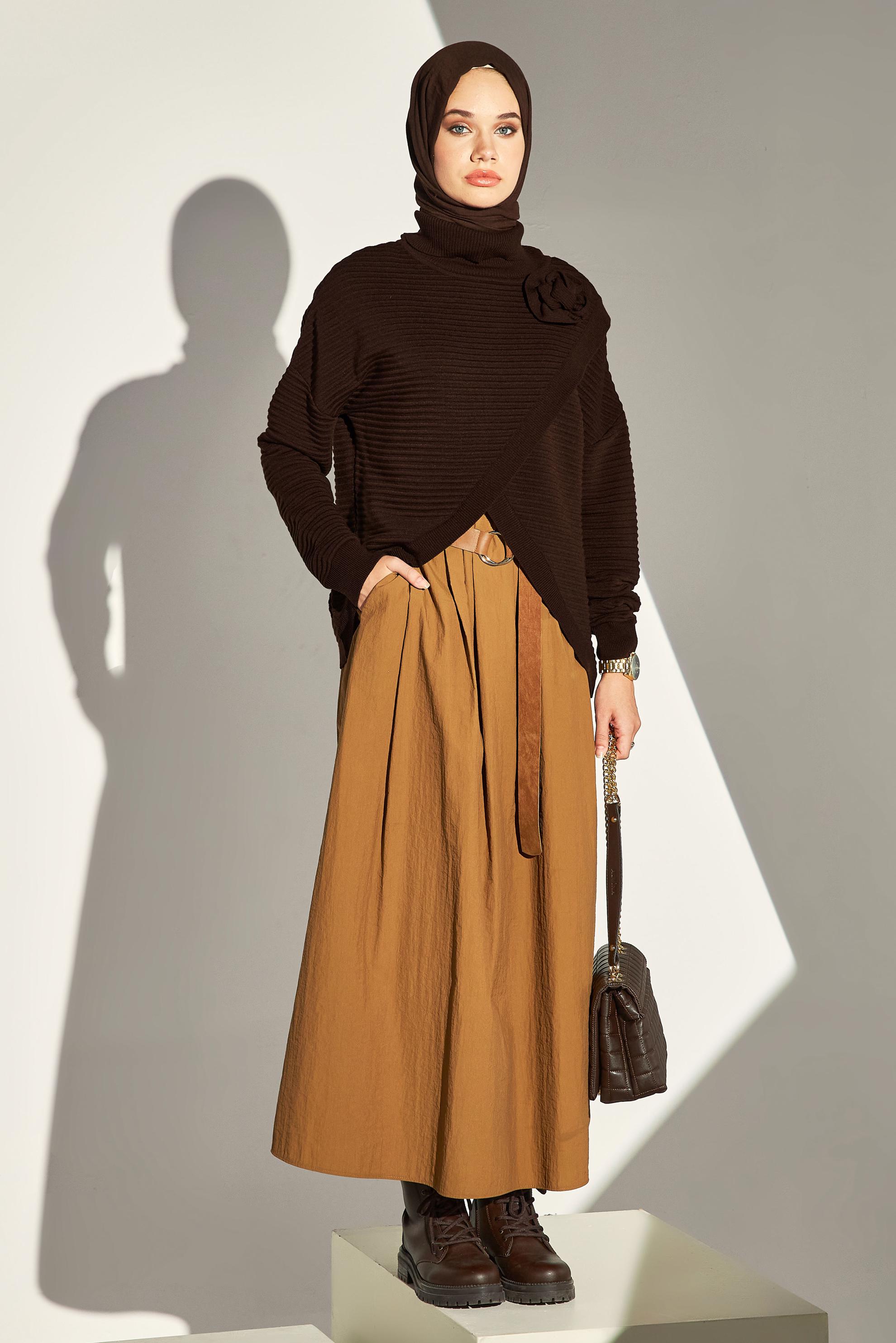 Vêtements hijab BRUN PULL EN MAILLE COUPE ASYMÉTRIQUE 44912