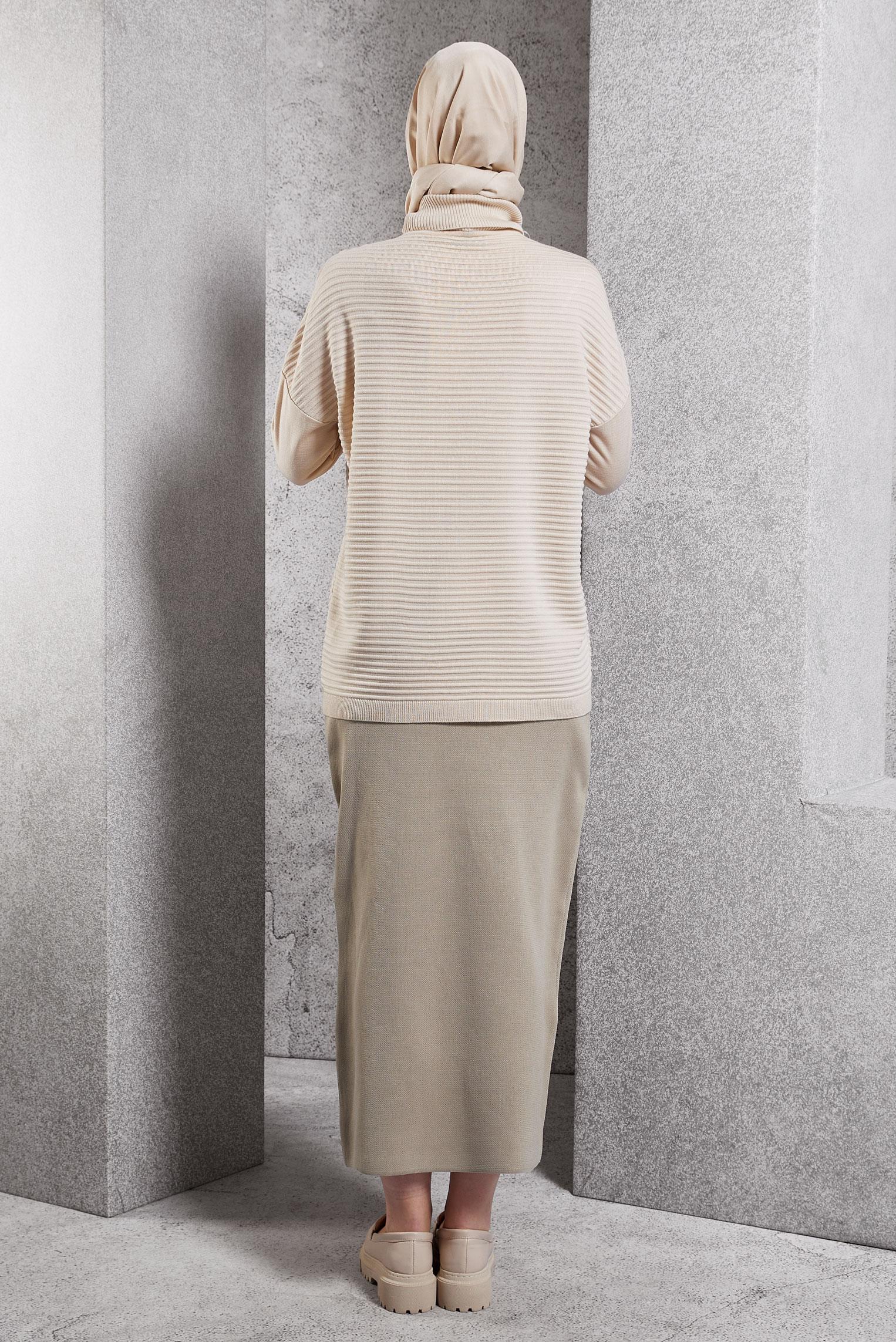 Tesettür giyim BEJ ASİMETRİK KESİM TRİKO KAZAK 44912