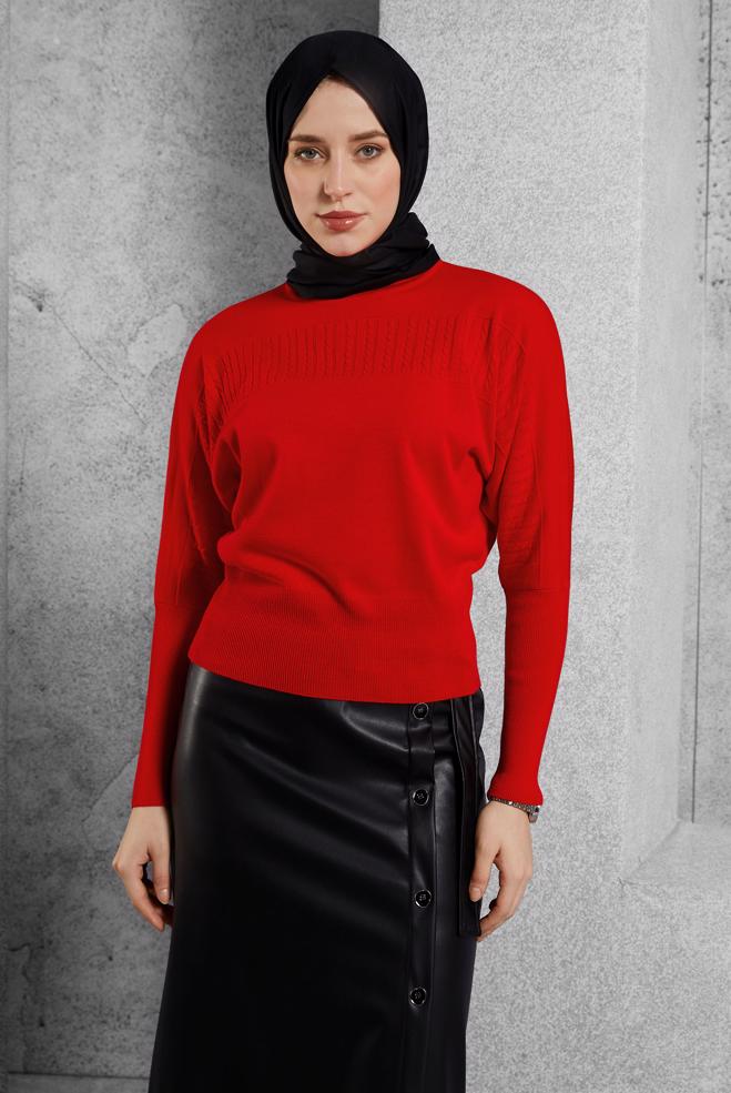 Tesettür giyim KIRMIZI TRİKO KAZAK 45003 - ALVİNA