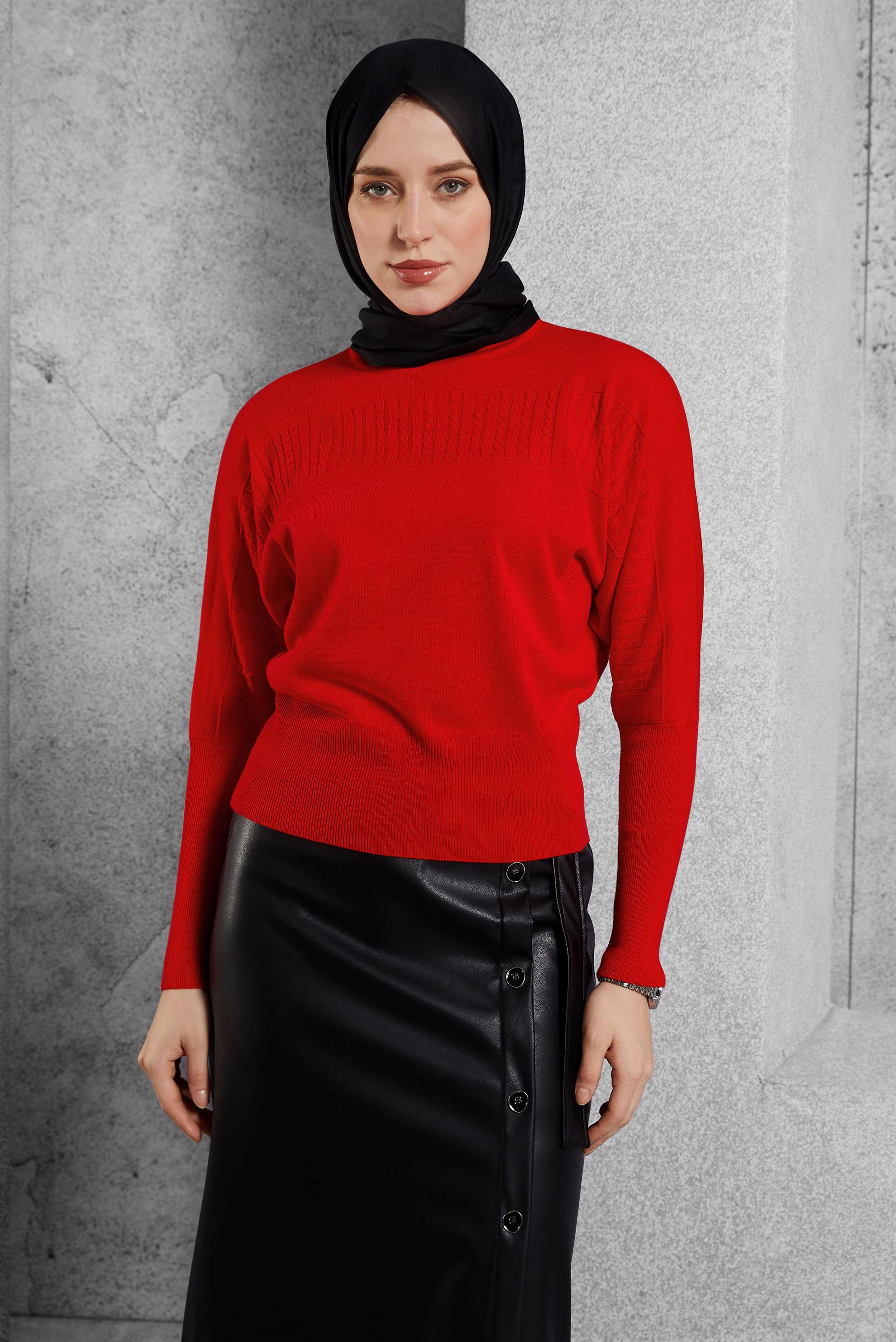 Tesettür giyim KIRMIZI TRİKO KAZAK 45003