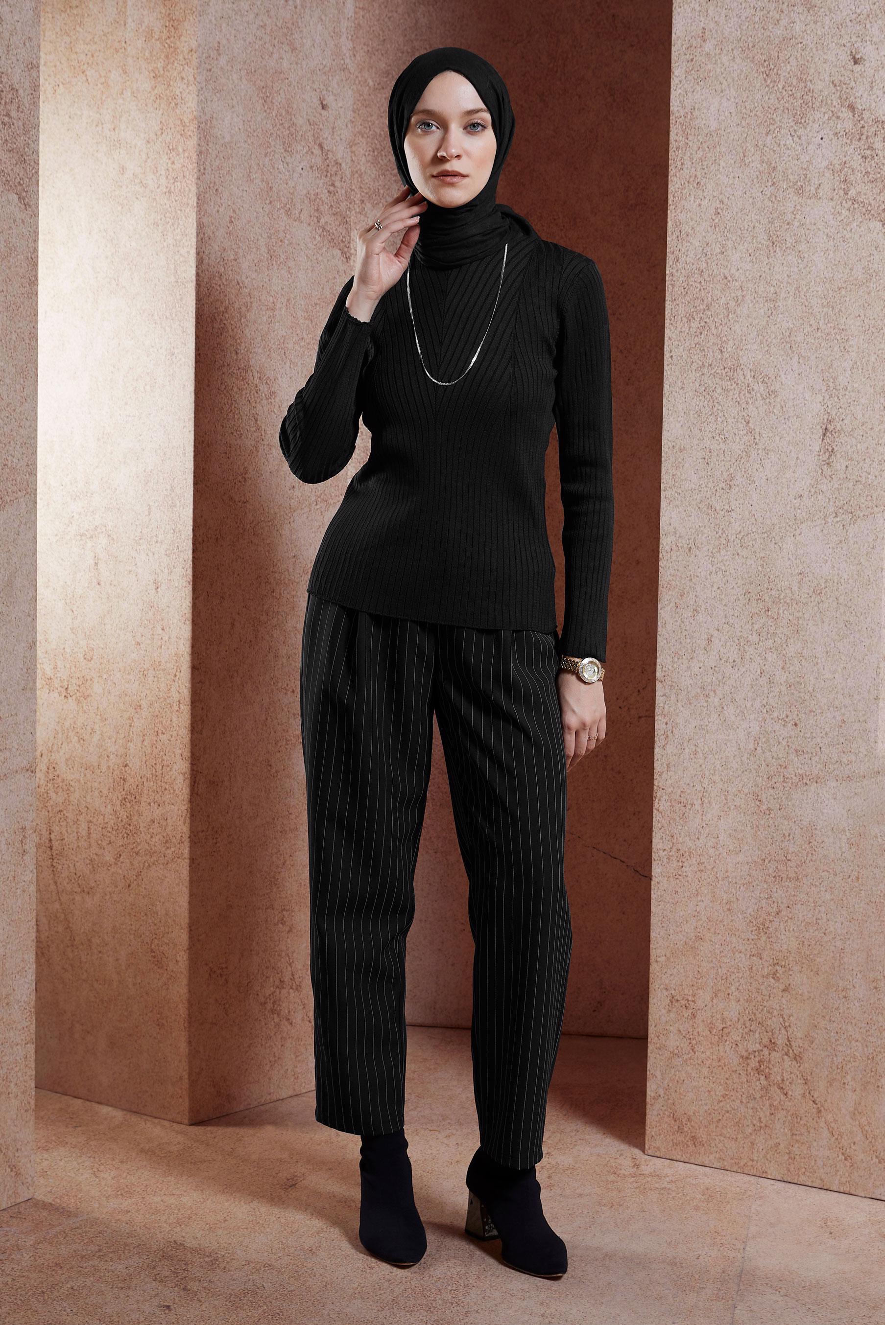 Vêtements hijab NOIR PULL EN MAILLE À COL RAS DU COU 45004