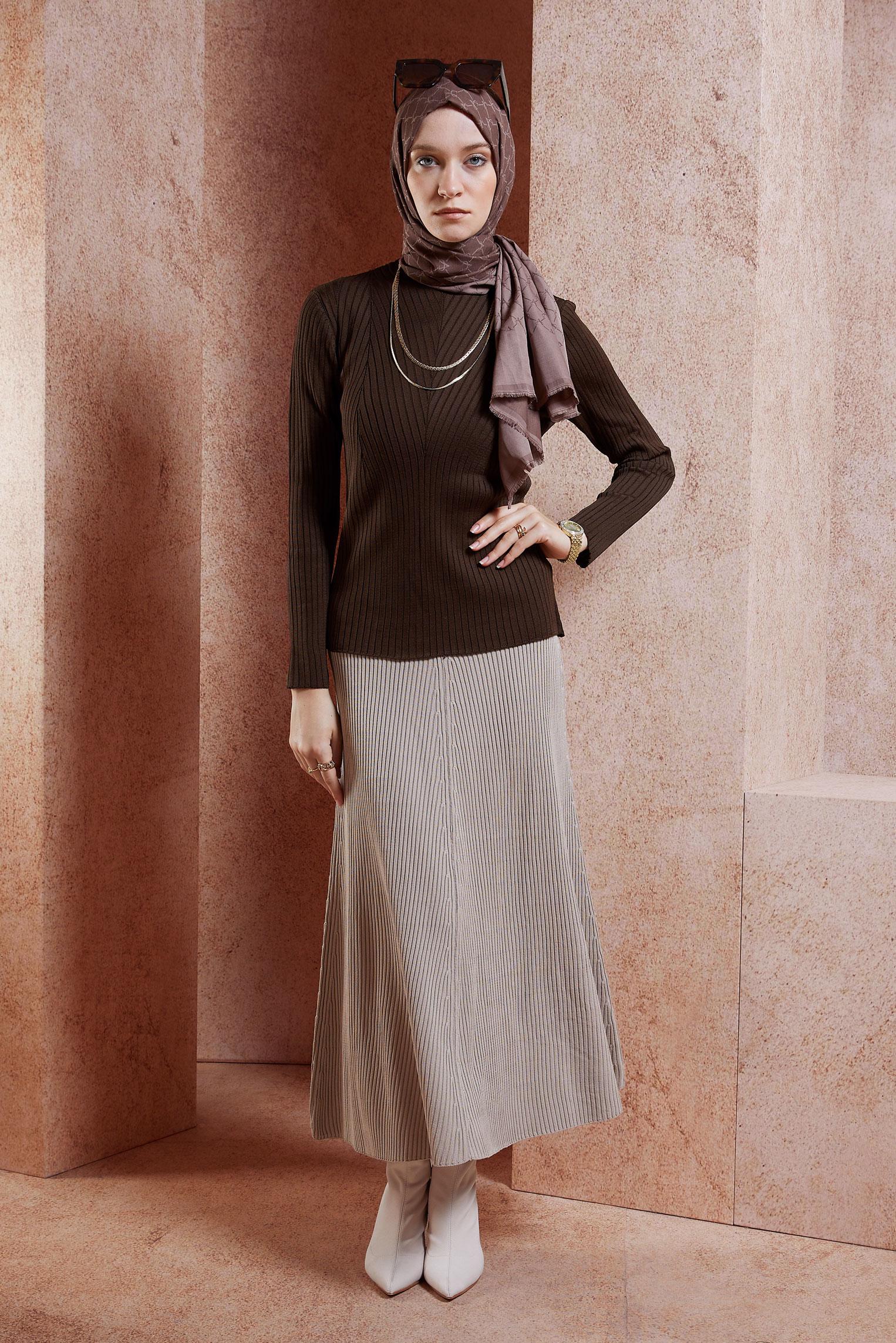 Tesettür giyim KAHVE BİSİKLET YAKA TRİKO KAZAK 45004