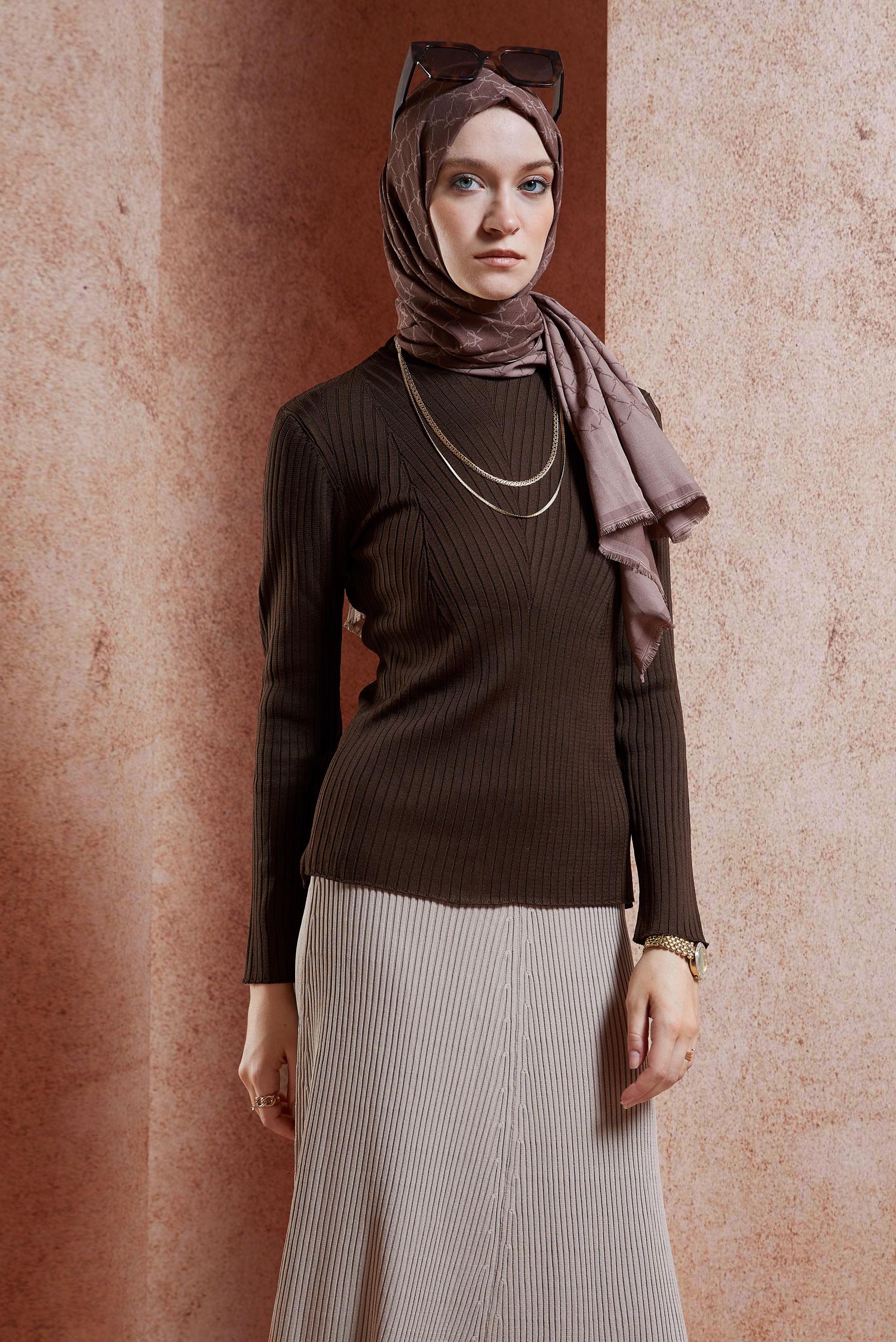 Tesettür giyim KAHVE BİSİKLET YAKA TRİKO KAZAK 45004