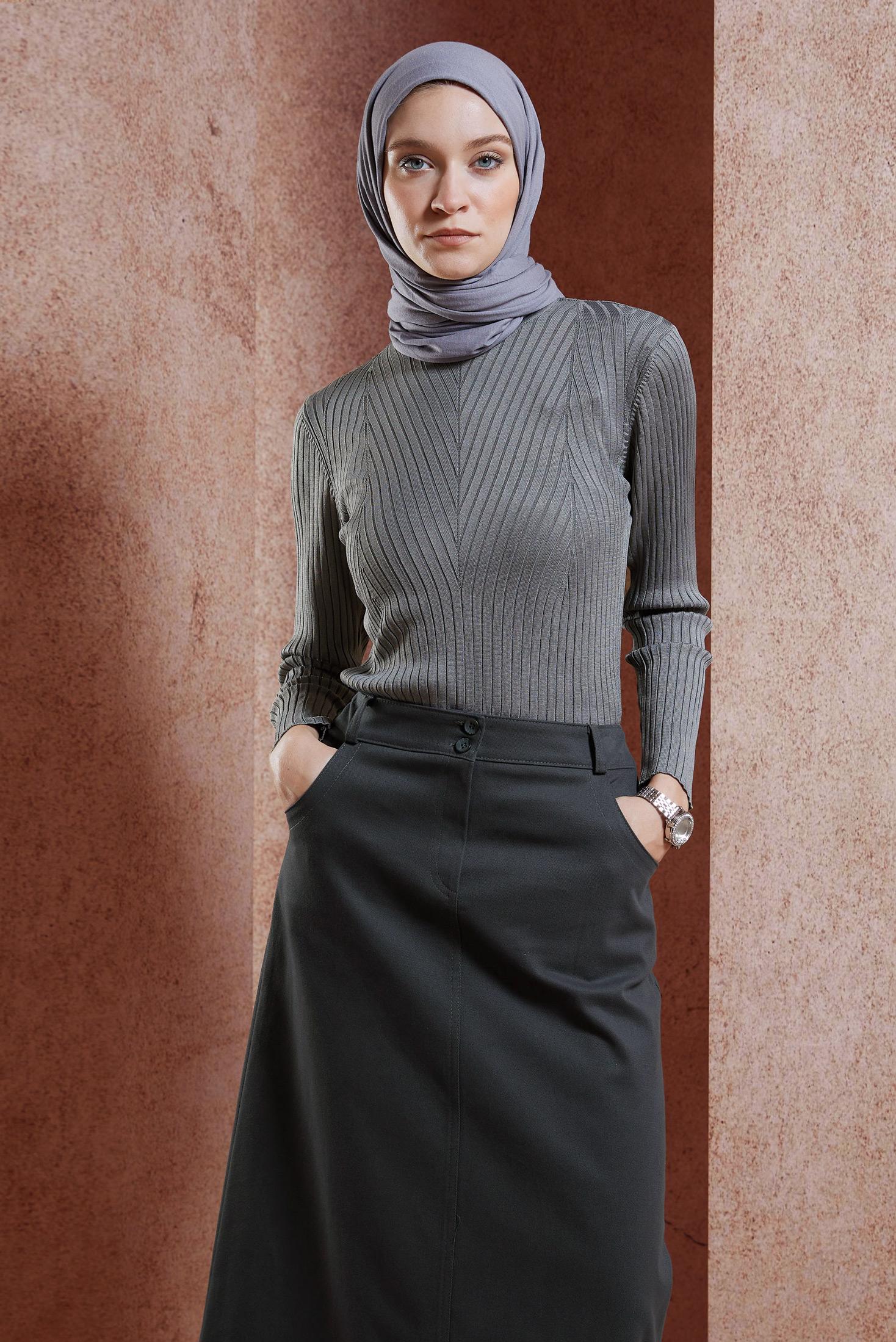 Tesettür giyim GRİ BİSİKLET YAKA TRİKO KAZAK 45004