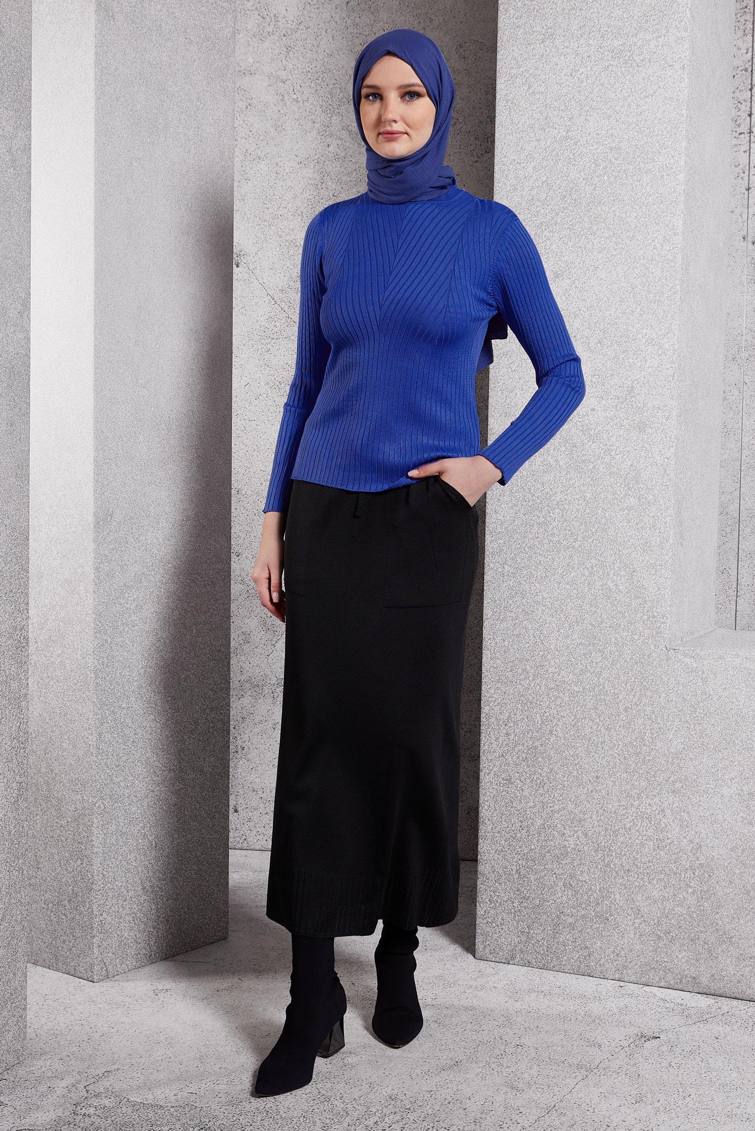 Vêtements hijab BLEU MARINE PULL EN MAILLE À COL RAS DU COU 45004