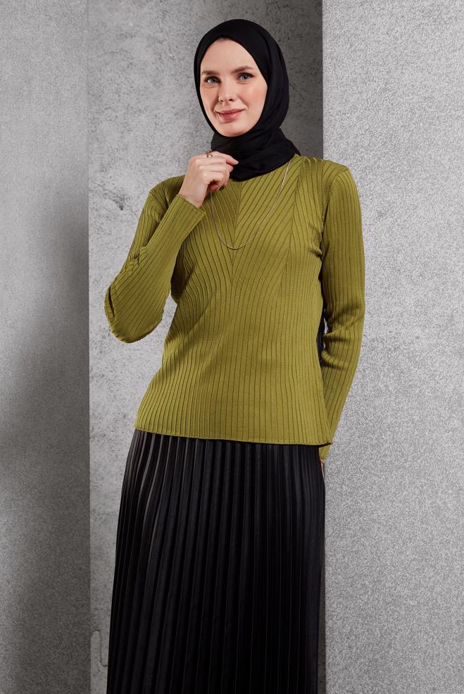 Tesettür giyim YEŞİL BİSİKLET YAKA TRİKO KAZAK 45004 - ALVİNA
