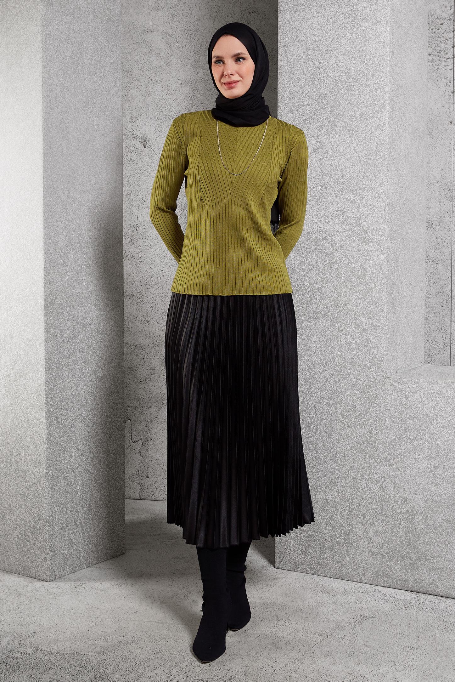 Tesettür giyim YEŞİL BİSİKLET YAKA TRİKO KAZAK 45004