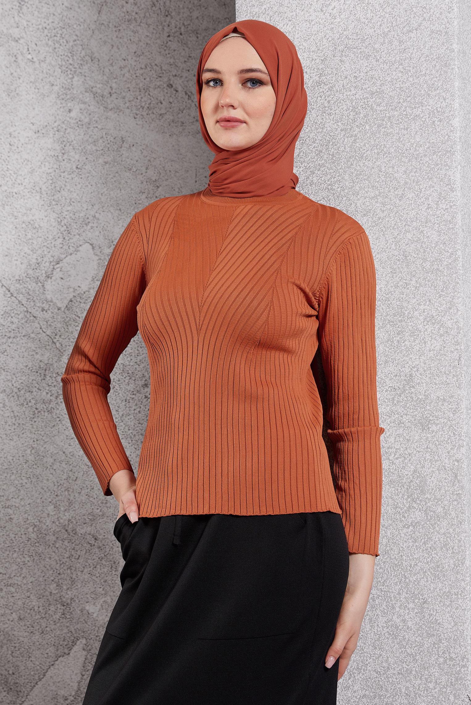 Vêtements hijab ORANGE PULL EN MAILLE À COL RAS DU COU 45004