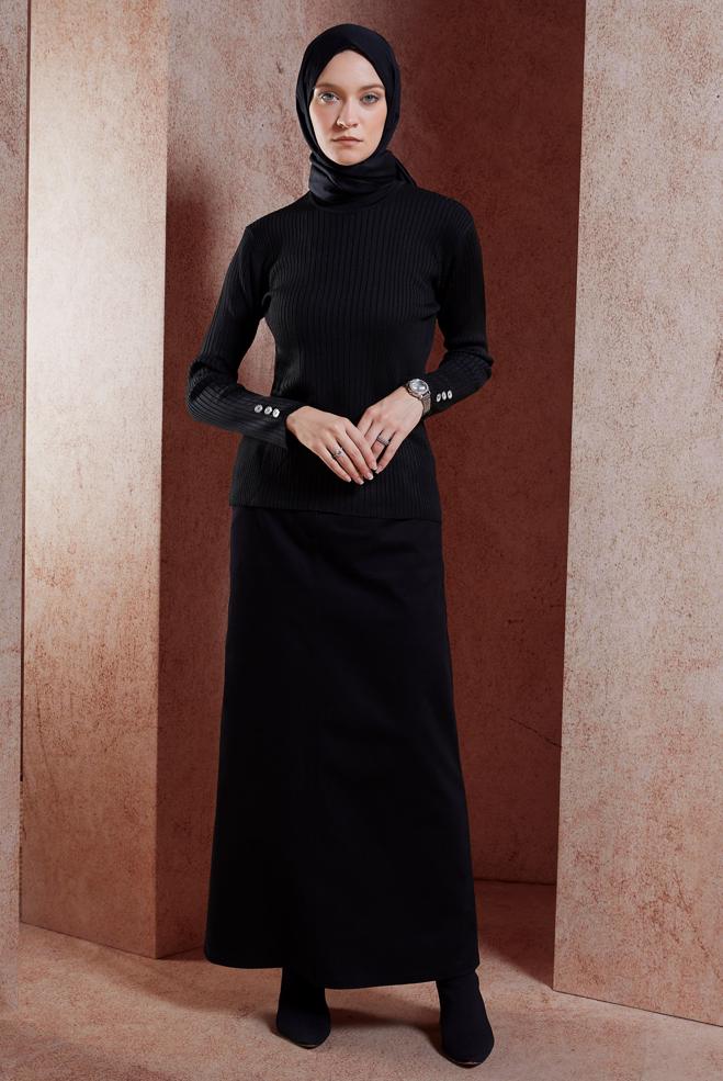 Tesettür giyim SİYAH DÜĞME DETAYLI TRİKO KAZAK 45005 - ALVİNA