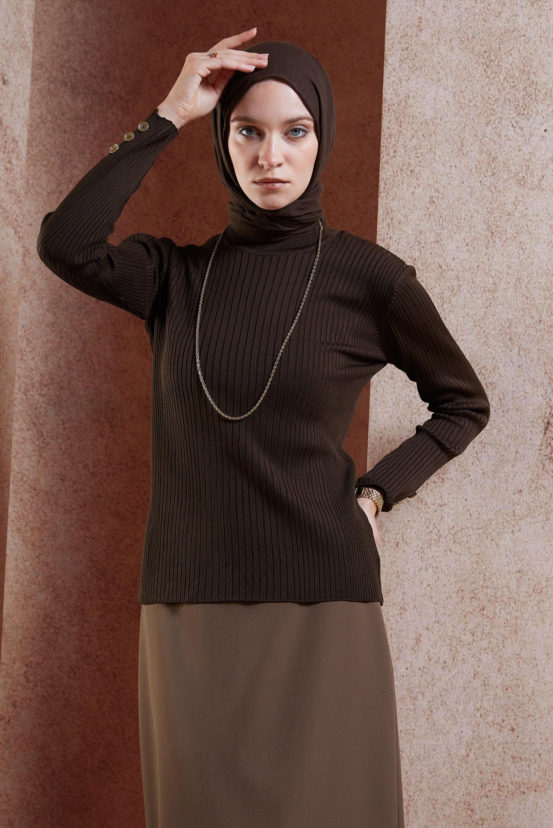 Tesettür giyim KAHVE DÜĞME DETAYLI TRİKO KAZAK 45005