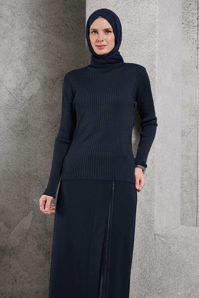 Tesettür giyim LACİVERT DÜĞME DETAYLI TRİKO KAZAK 45005 - ALVİNA