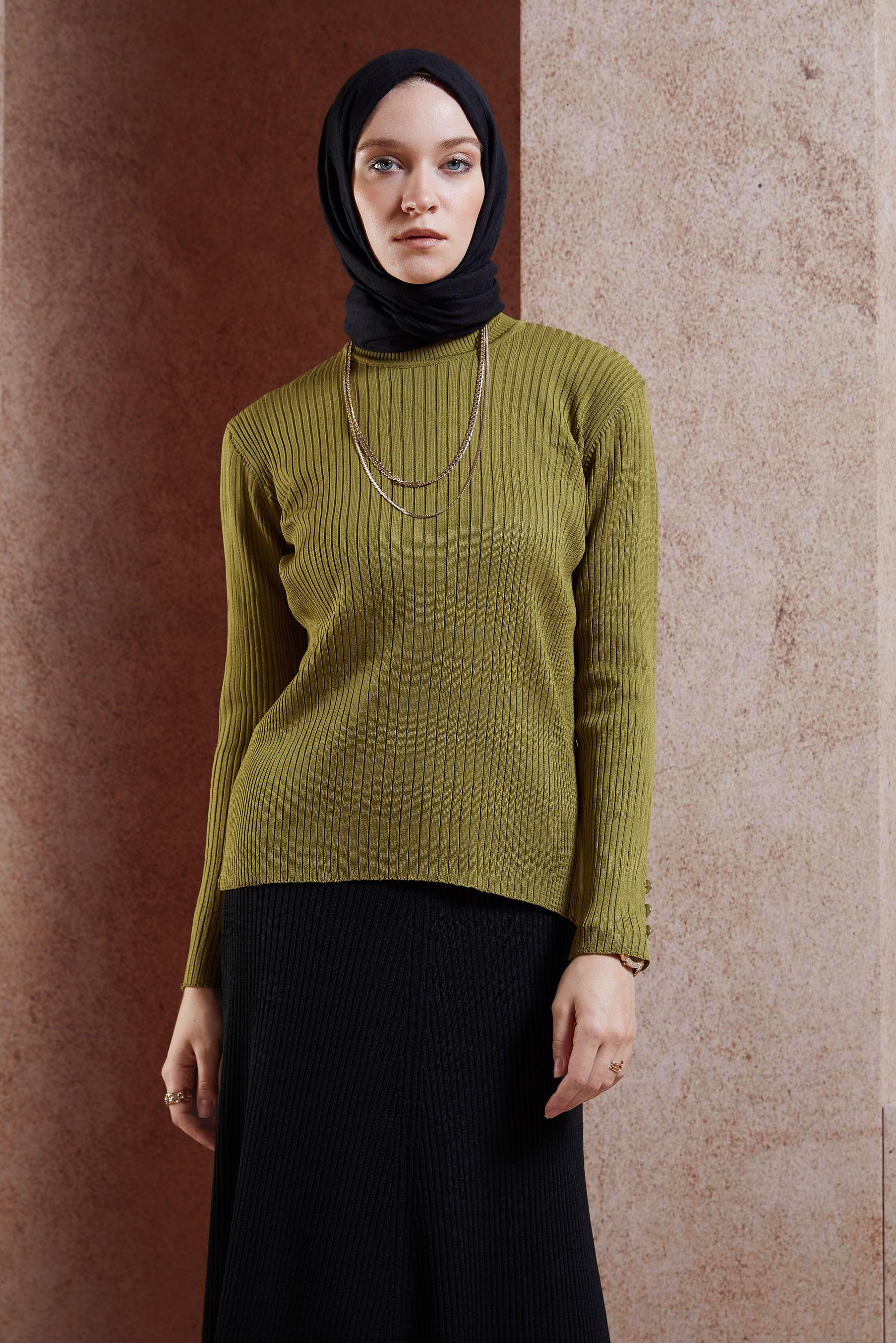 Tesettür giyim YEŞİL DÜĞME DETAYLI TRİKO KAZAK 45005