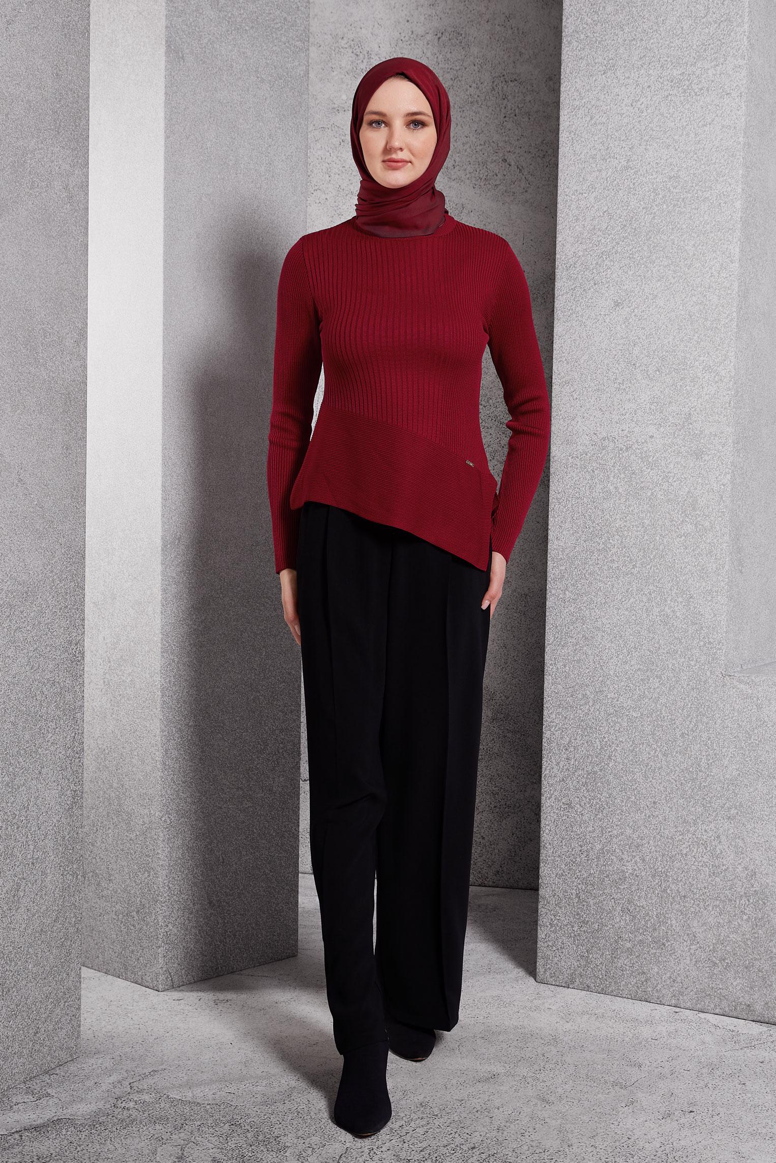 Tesettür giyim KIRMIZI ASİMETRİK KESİM TRİKO KAZAK 45008