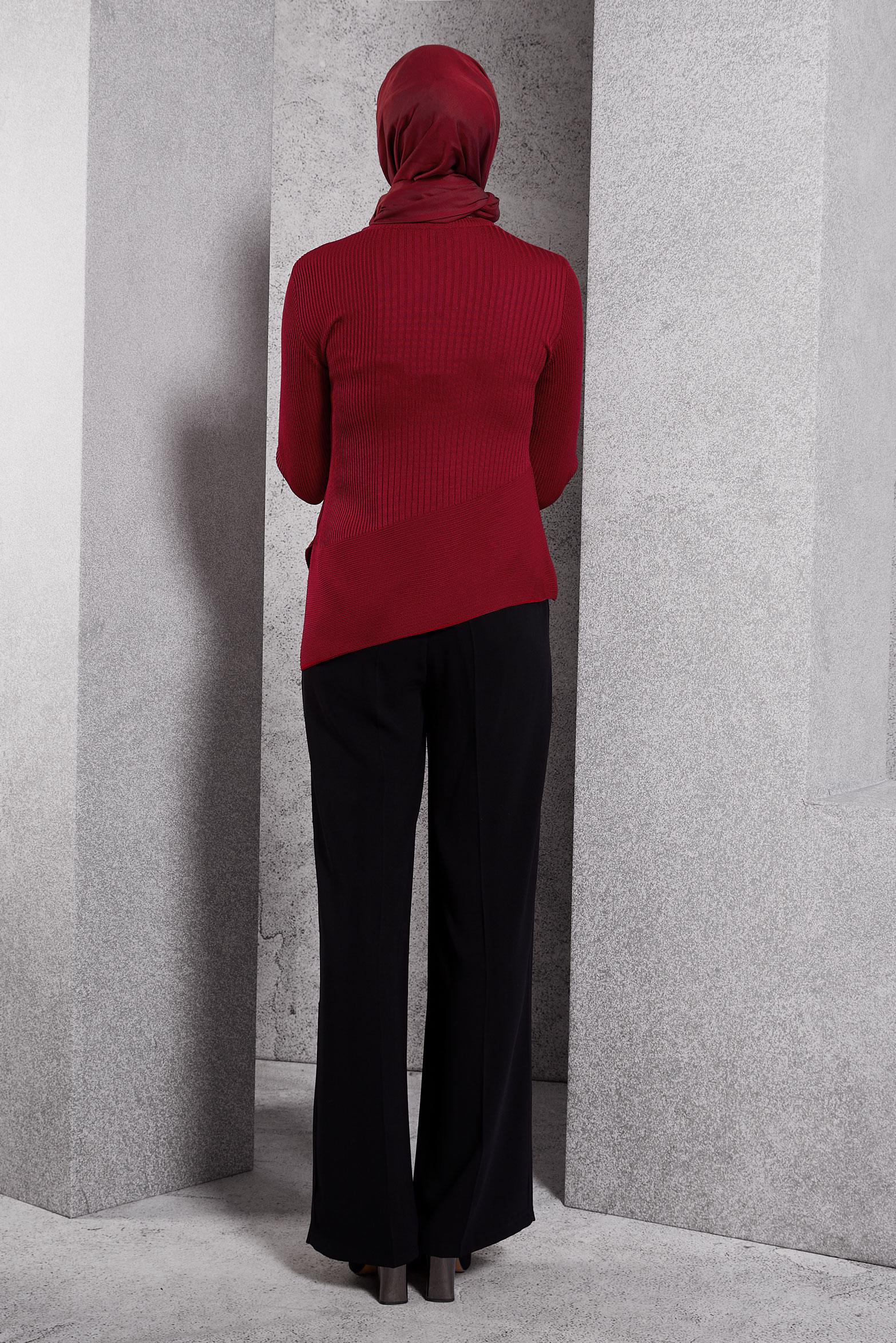 Tesettür giyim KIRMIZI ASİMETRİK KESİM TRİKO KAZAK 45008