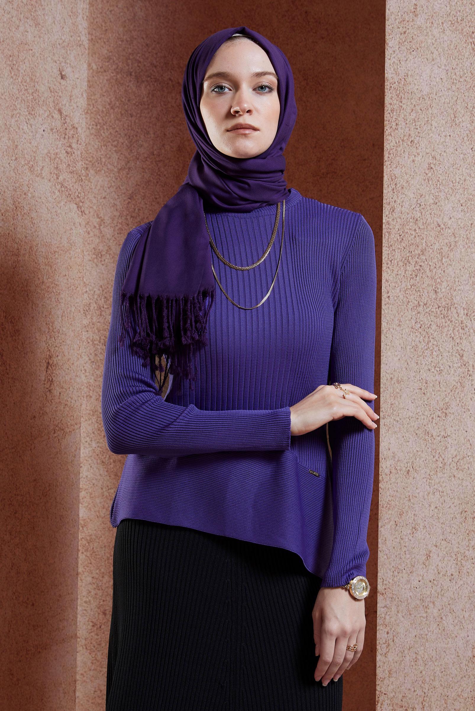 Tesettür giyim MOR ASİMETRİK KESİM TRİKO KAZAK 45008