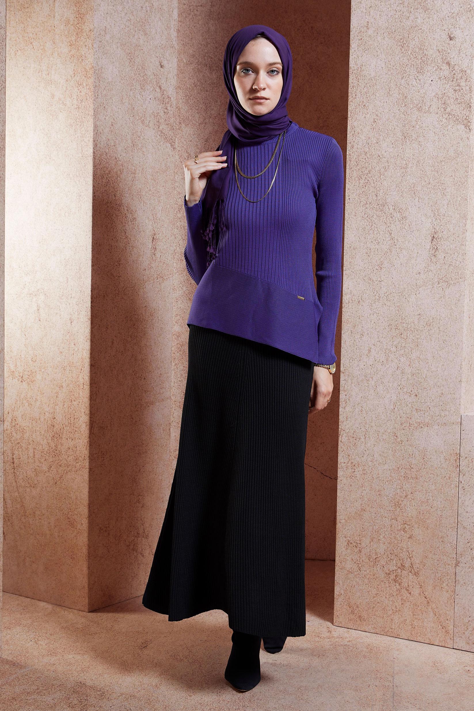 Tesettür giyim MOR ASİMETRİK KESİM TRİKO KAZAK 45008