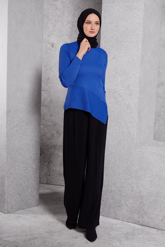 Vêtements hijab BLEU MARINE PULL EN MAILLE COUPE ASYMETRIQUE 45008 - ALVİNA