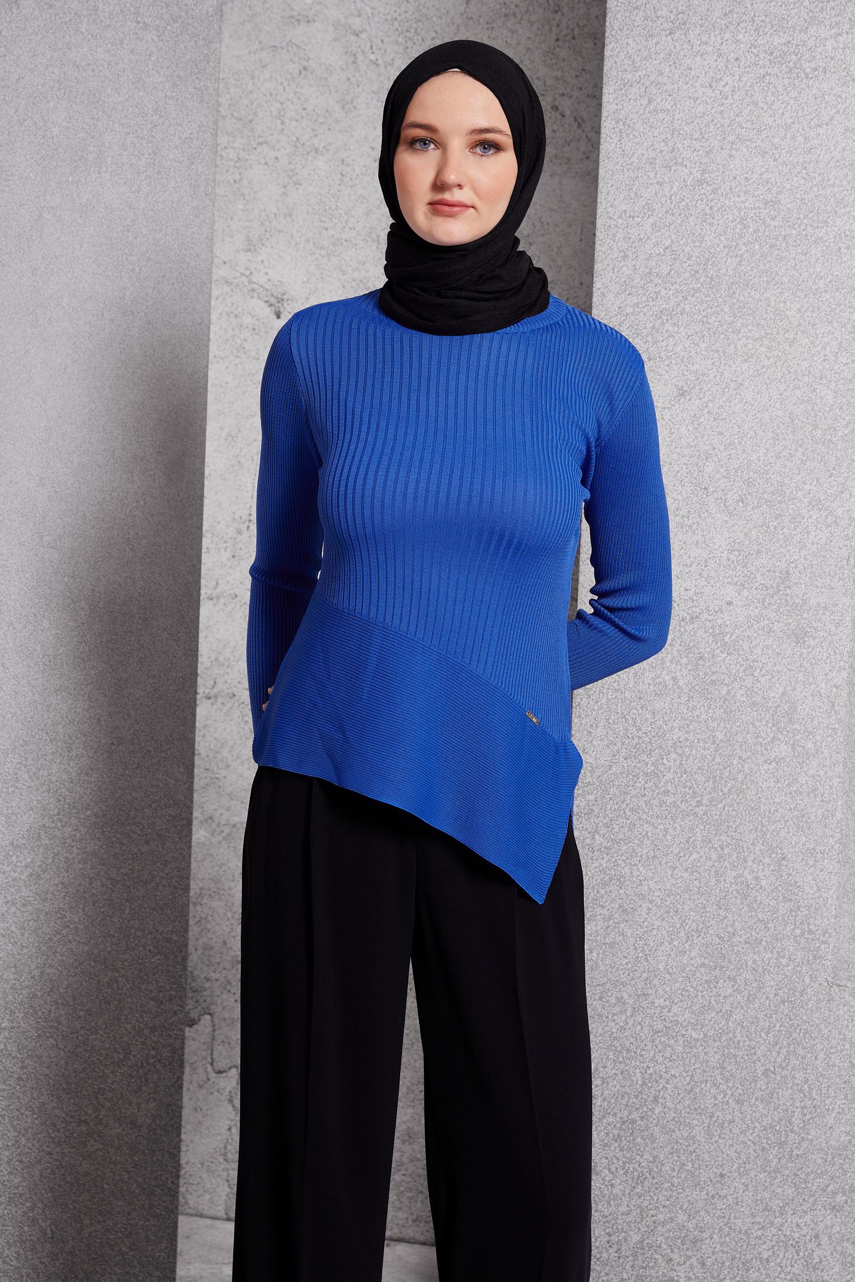 Tesettür giyim LACİVERT ASİMETRİK KESİM TRİKO KAZAK 45008
